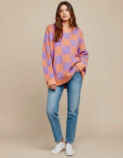 Checkerboard Chic Round Neck Sweater - DAVERRI FASHIONS