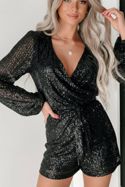 Sequin Surplice Long Sleeve Romper | Rompers Daverri Fashions
