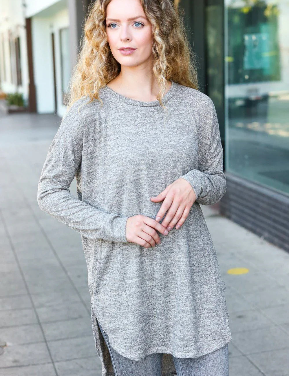 Casual Living Grey Two-Tone Tunic Side Slit Pullover | Daverri Fashions