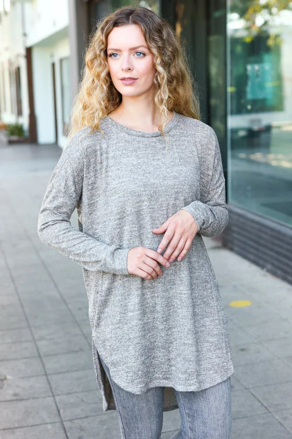 Casual Living Grey Two-Tone Tunic Side Slit Pullover - DAVERRI FASHIONS