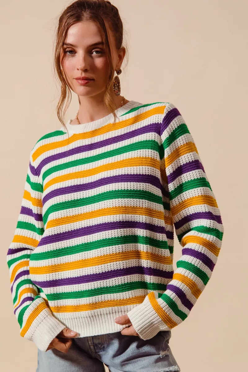 SO ME Mardi Gras Color Stripe Knit Sweater Top in vibrant green, purple, yellow stripes on white base