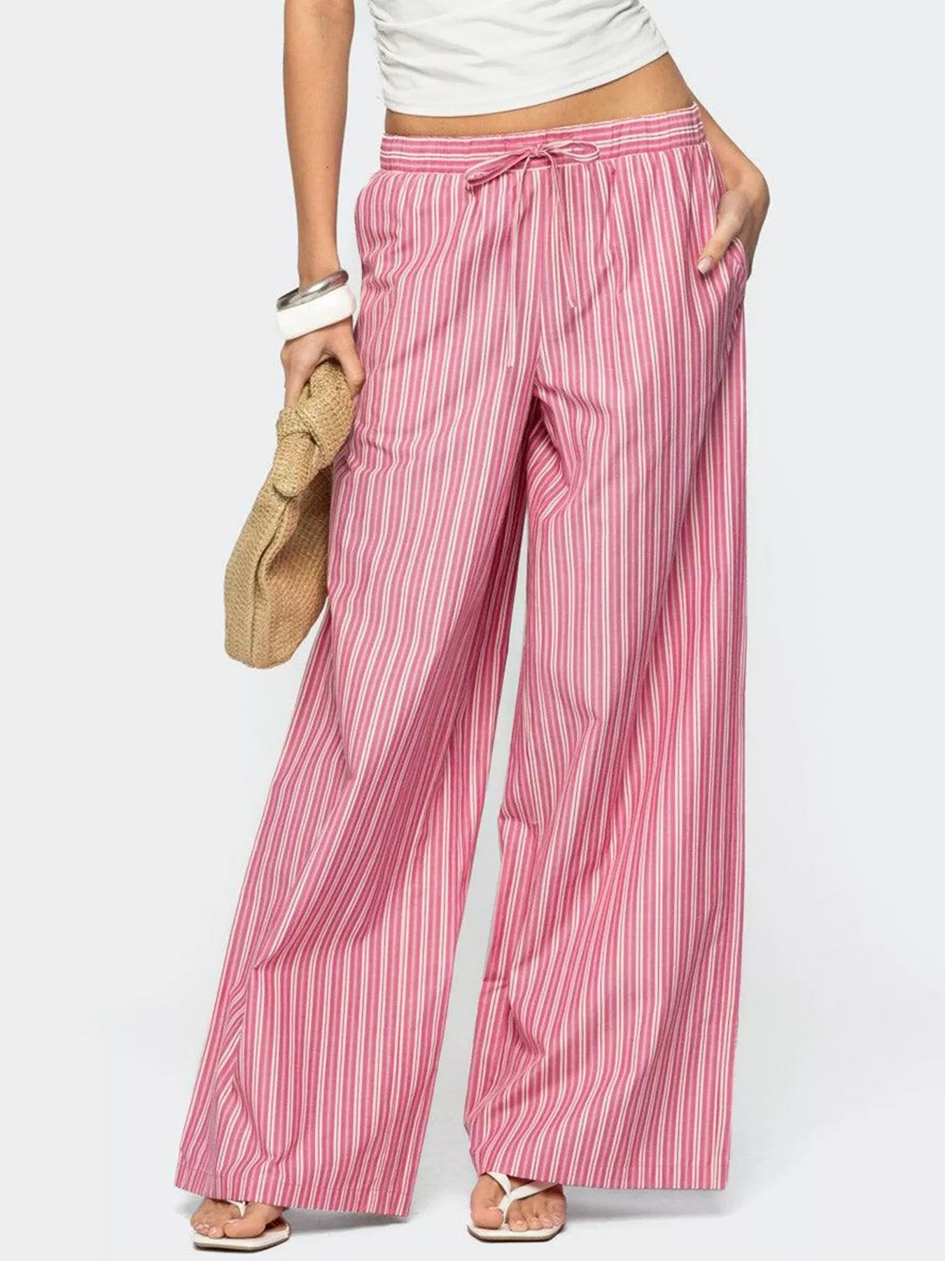 Striped wide-leg pants with drawstring waist, pink and white cotton stripes
