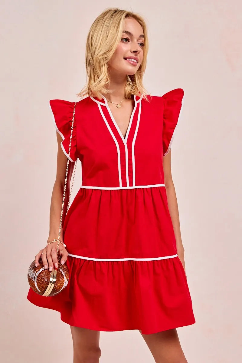 BiBi Gameday Theme Contrast Binding Ruffled Dress Mini Dresses