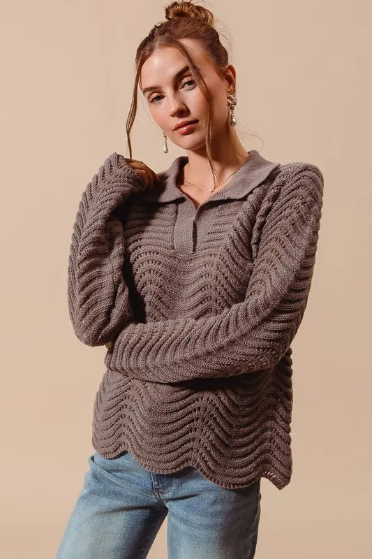 SO ME Notched Collar Wavy Texture Sweater Top