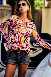 BiBi Print Tie Dye Rib Knit Top With Cut Out Neck | Tops Daverri Fashions