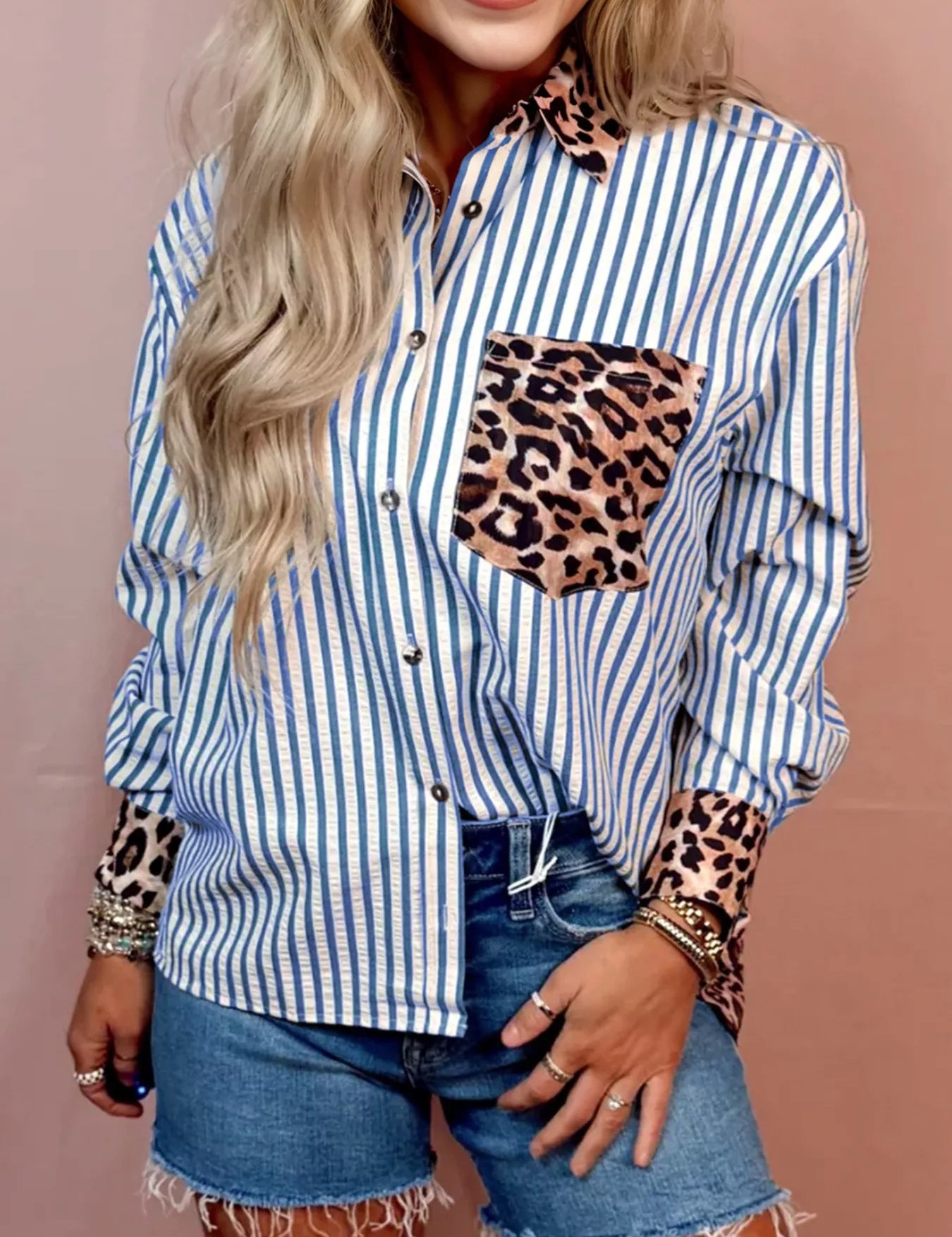 Blue Striped Leopard Print Patchwork Button Up Shirt | Shirts Daverri Fashions