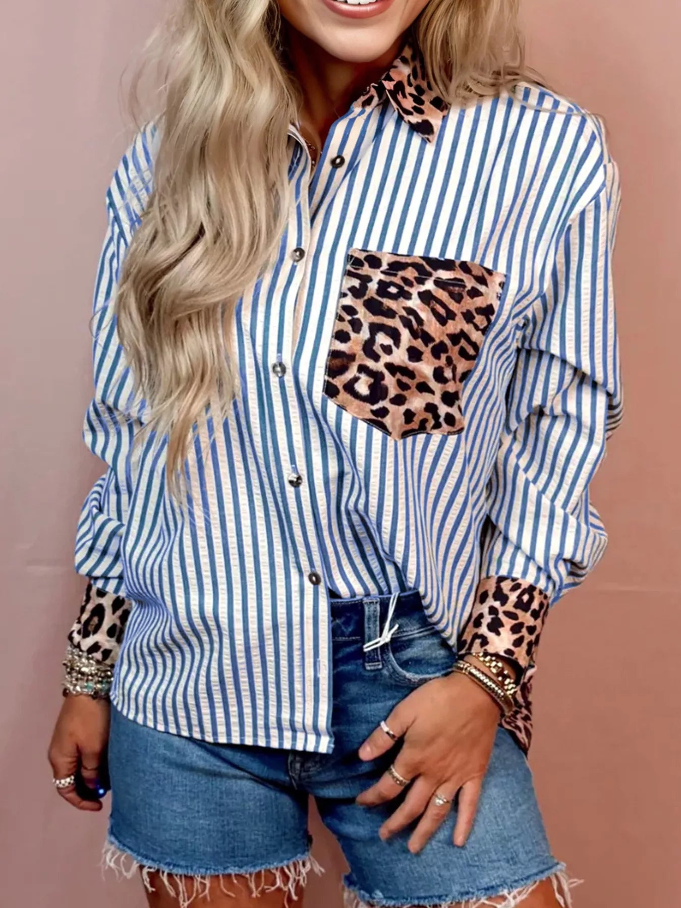 Blue Striped Leopard Print Patchwork Button Up Shirt | Shirts Daverri Fashions