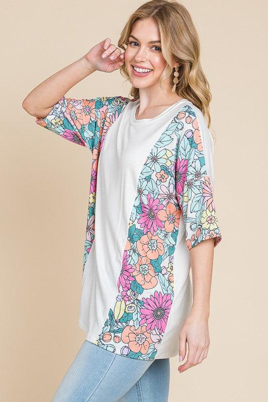 BOMBOM Floral Round Neck Half Sleeve T-Shirt - DAVERRI FASHIONS