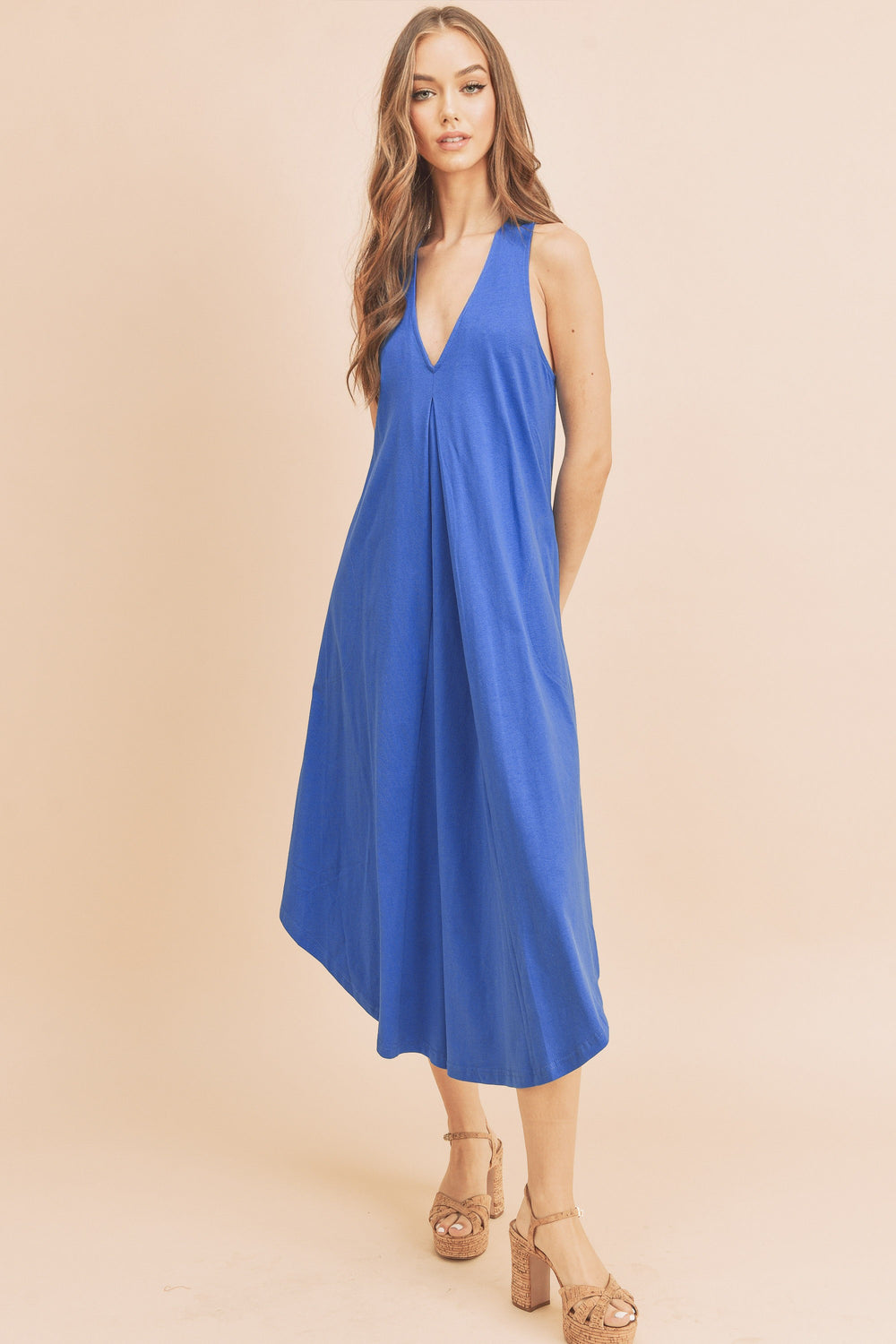 Aemi + Co Front Pleat Detail V-Neck Sleeveless Midi Dress Mid Dresses