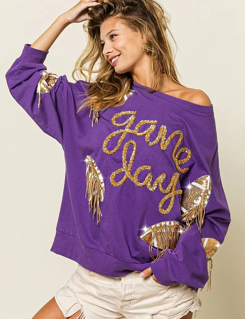 BiBi Sequin Football Patches Game Day Sweatshirt | Sweatshirts Daverri Fashions