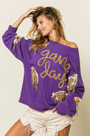BiBi Sequin Football Patches Game Day Sweatshirt | Sweatshirts Daverri Fashions