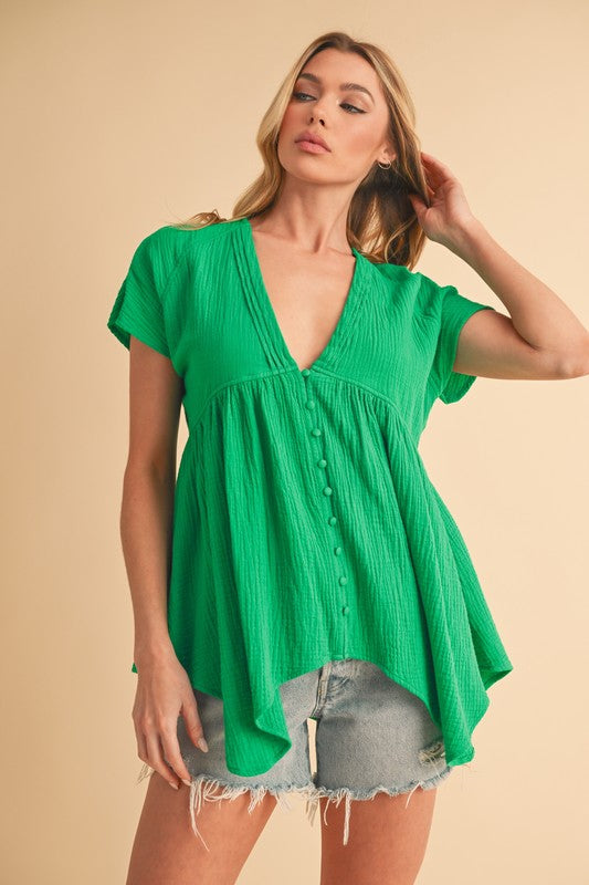 Aemi + Co Tuck Detail V-Neck Short Sleeve Blouse Green