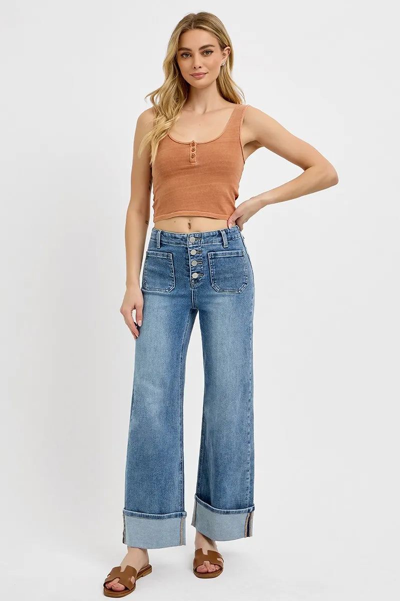 RISEN High Rise Ankle Wide Button Patch Pocket Cuffed Jeans | Jeans Daverri Fashions