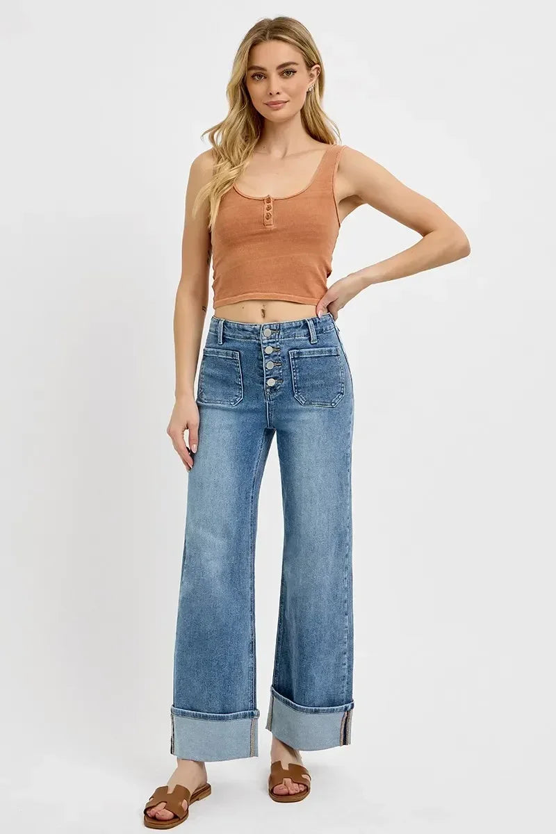 RISEN High Rise Ankle Wide Button Patch Pocket Cuffed Jeans - DAVERRI FASHIONS