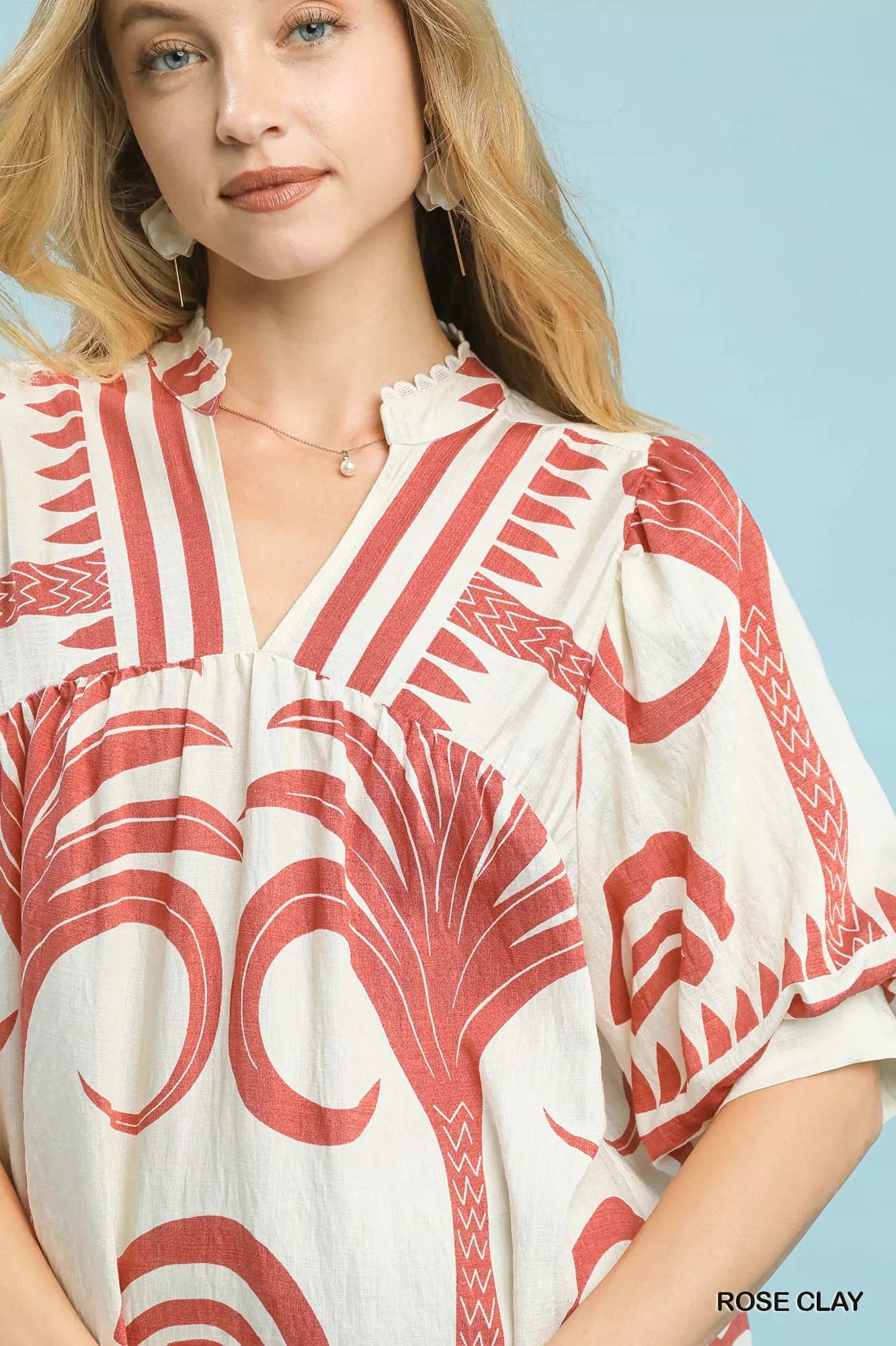 Umgee Folk Art Palm Print Puff Sleeve Blouse | Blouses Daverri Fashions