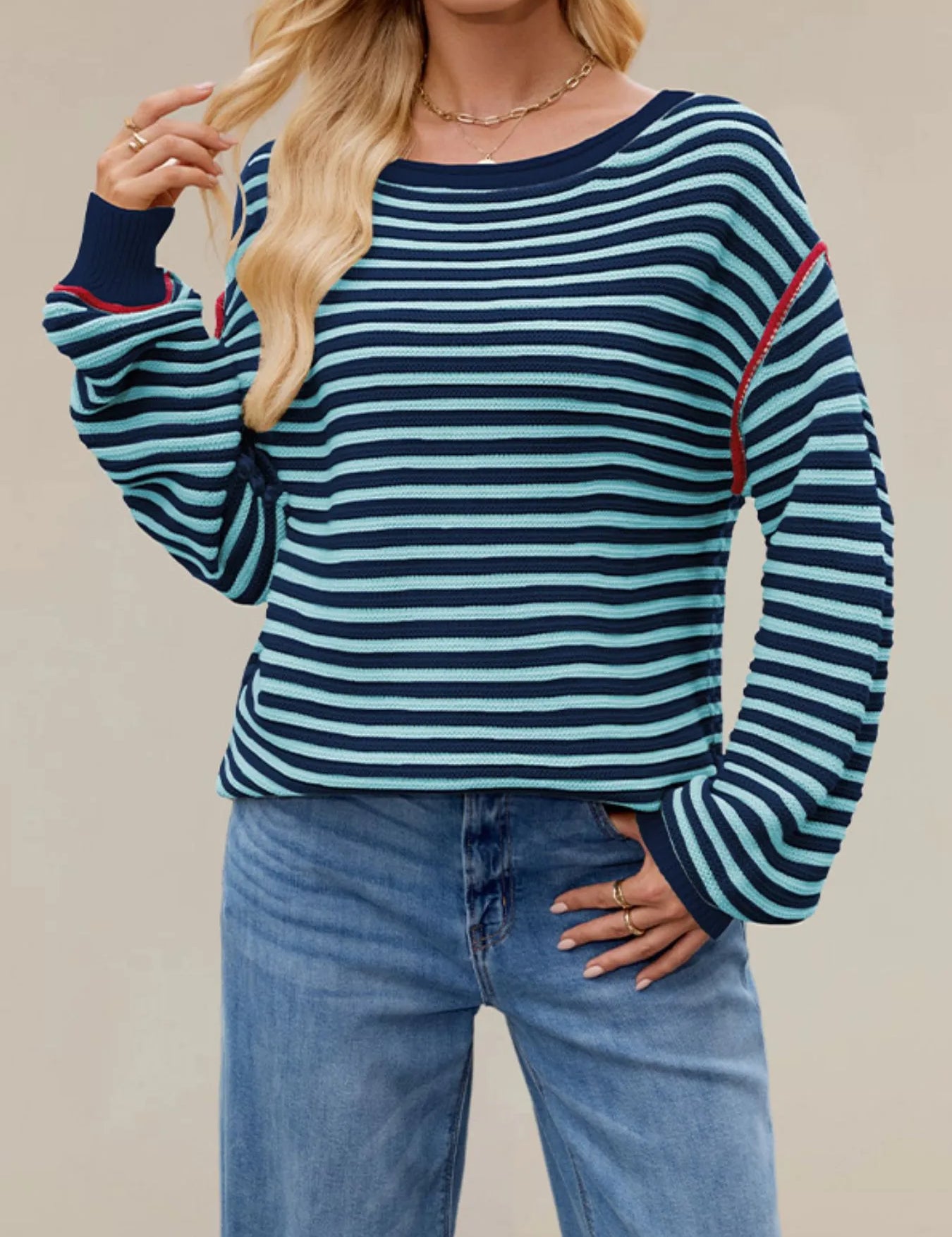 Navy Blue Slit Striped Oversized Sweater | Sweaters Daverri Fashions