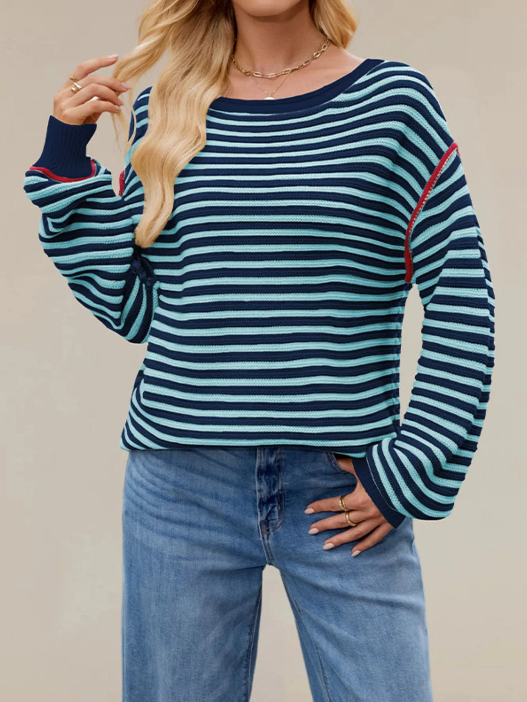 Navy Blue Slit Striped Oversized Sweater | Sweaters Daverri Fashions