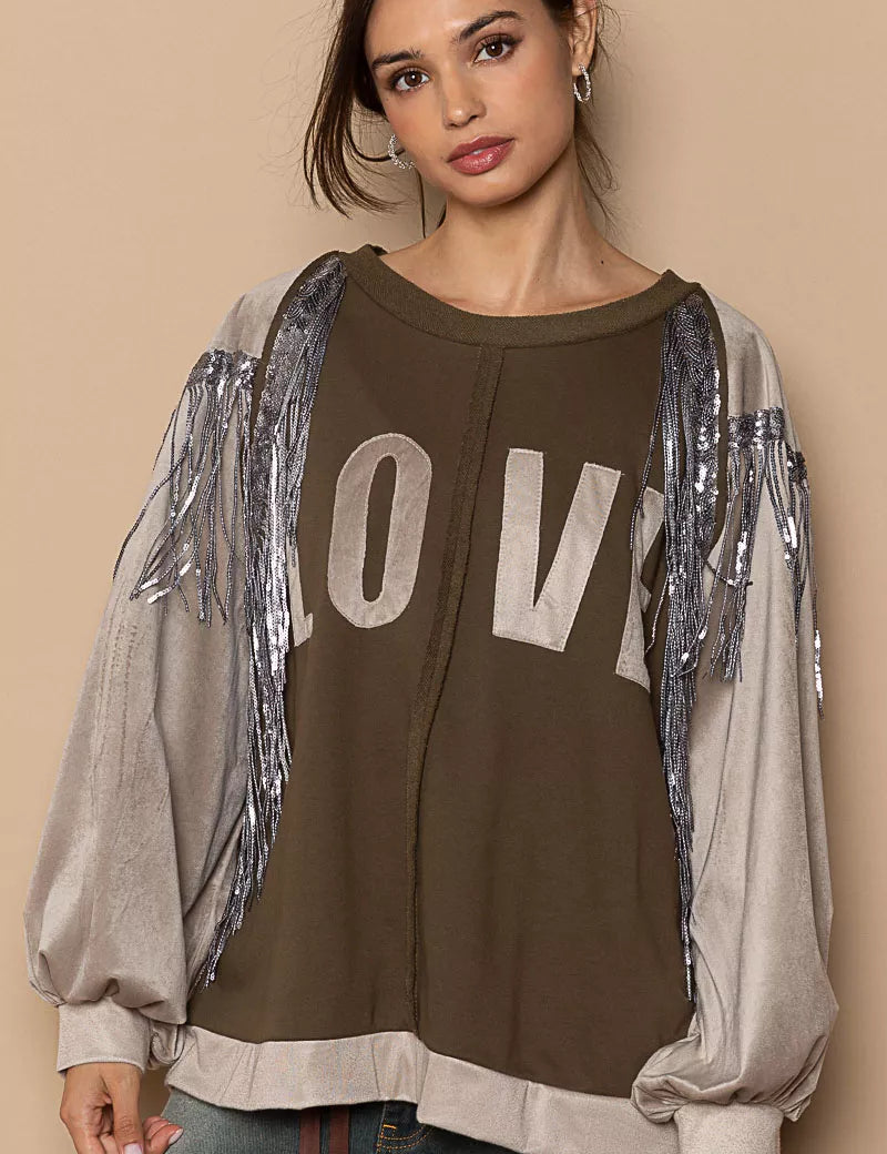 OLIVE BEIGE POL Balloon Sleeve French Terry Sweatshirt with Sequin Tassel | Daverri Fashions