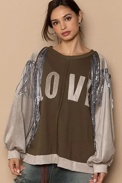POL Balloon Sleeve French Terry Sweatshirt with Sequin Tassel - DAVERRI FASHIONS