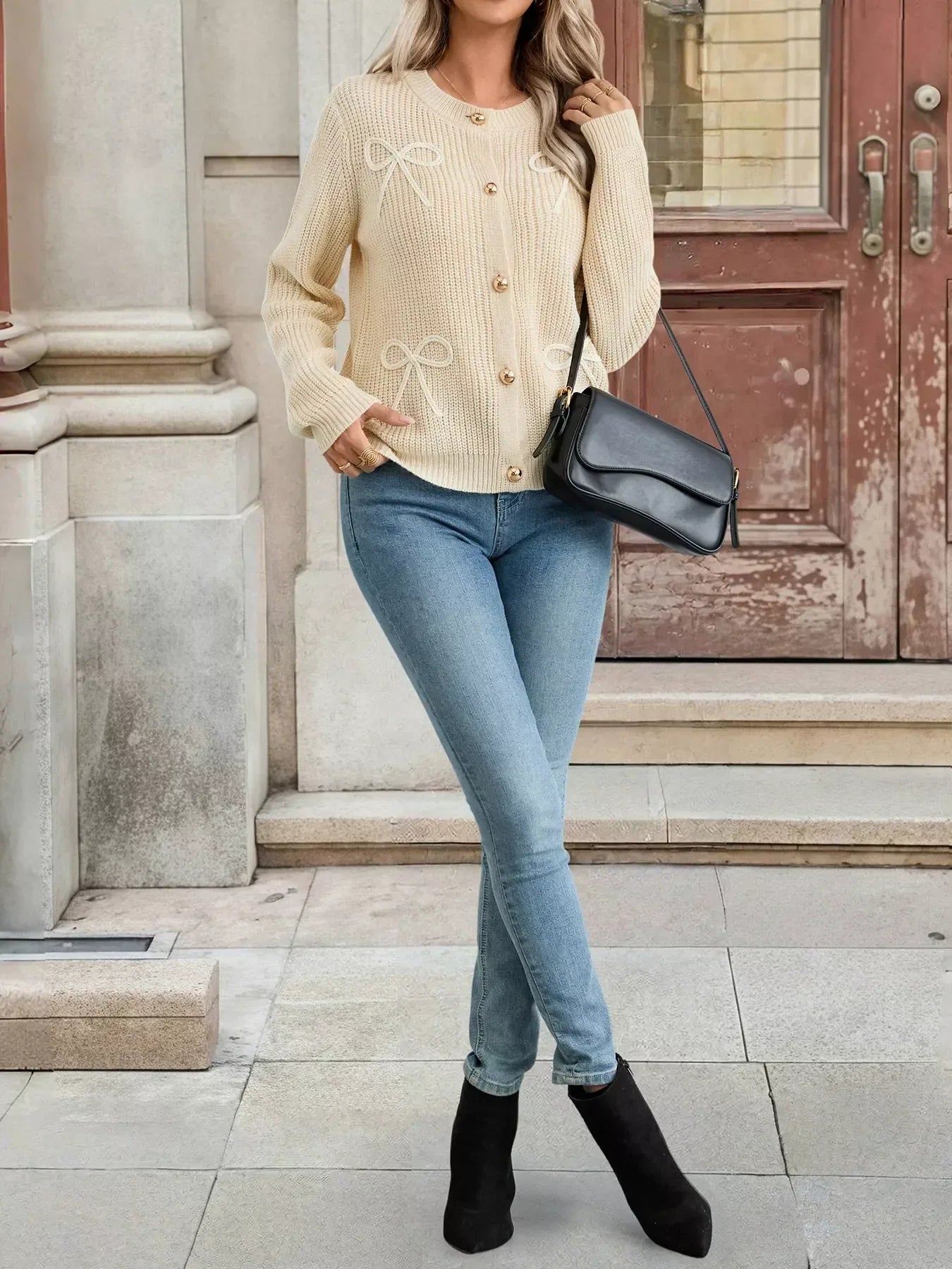 Bow Button Up Long Sleeve Cardigan - DAVERRI FASHIONS