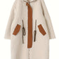 Plus size cream shearling turtleneck coat with leather accents