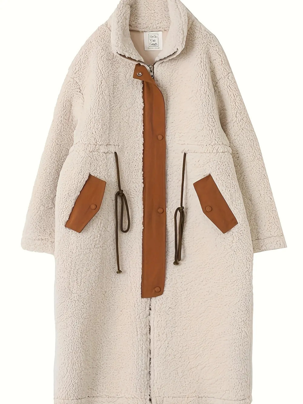 Plus size cream shearling turtleneck coat with leather accents