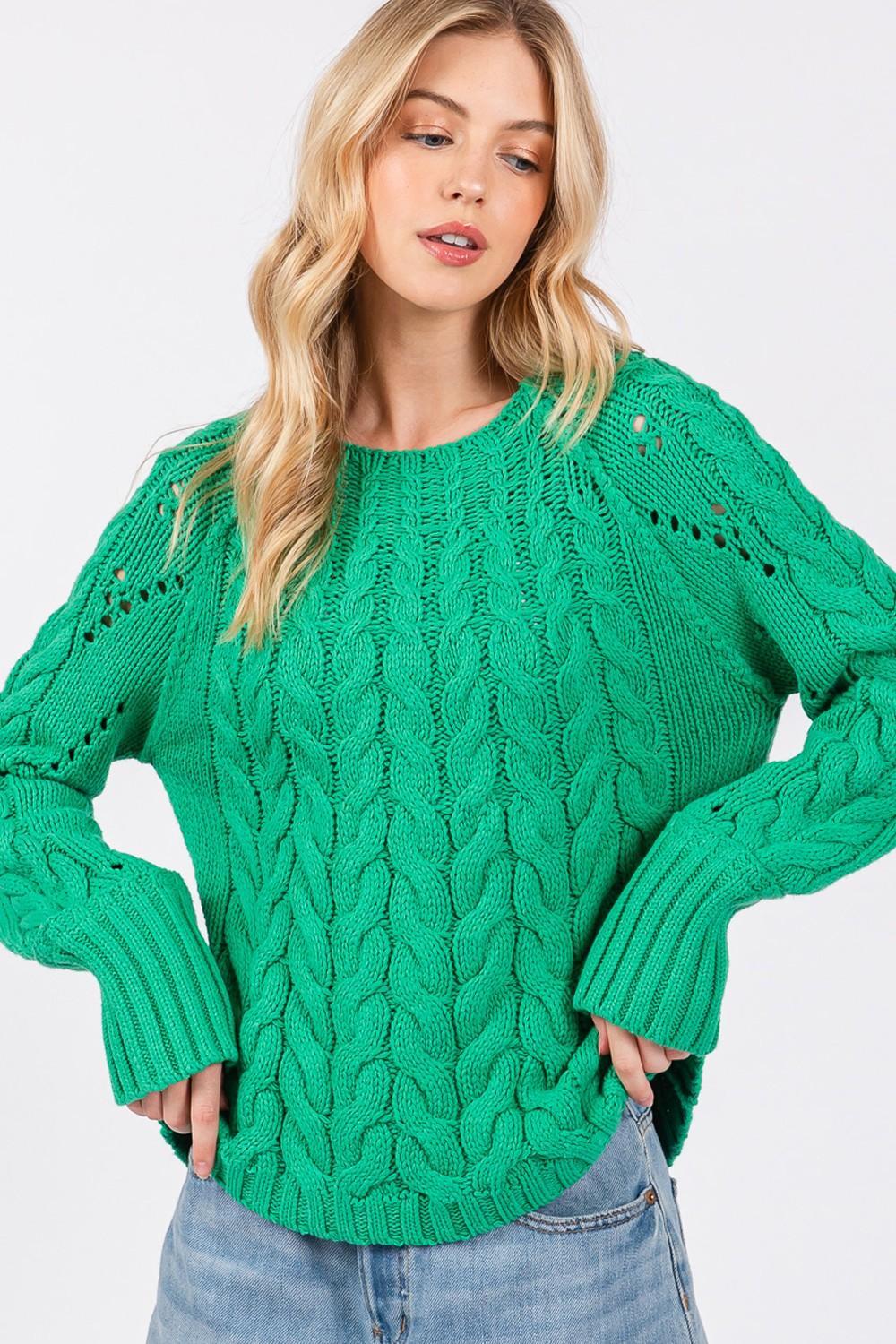 SAGE + FIG Cable-Knit Long Sleeve Sweater Green - DAVERRI FASHIONS