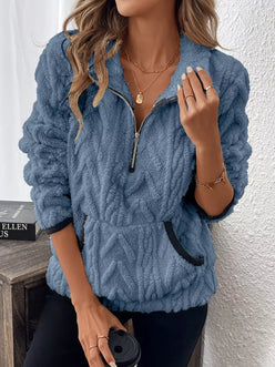 Cozy blue Daverri Fashions full-size fleece half-zip sweatshirt with black trim