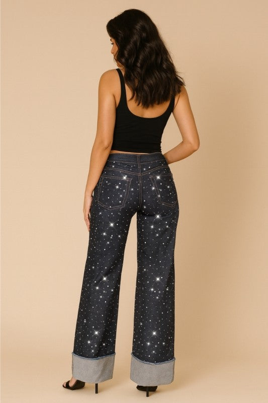 Womens low rise rhinestone jeans with starry night denim print and rolled cuffs