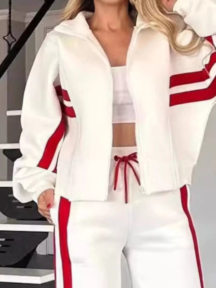 Full Size Contrast Stripe Zip Up Jacket and Pants Set Plus Size | Loungewear Sets Daverri Fashions