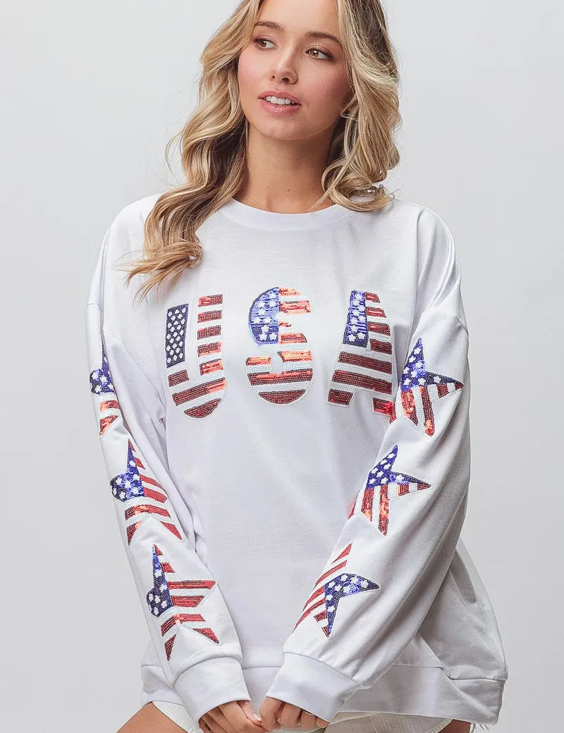 BiBi American Flag USA and Star Sequin Sweatshirt | Sweatshirts Daverri Fashions