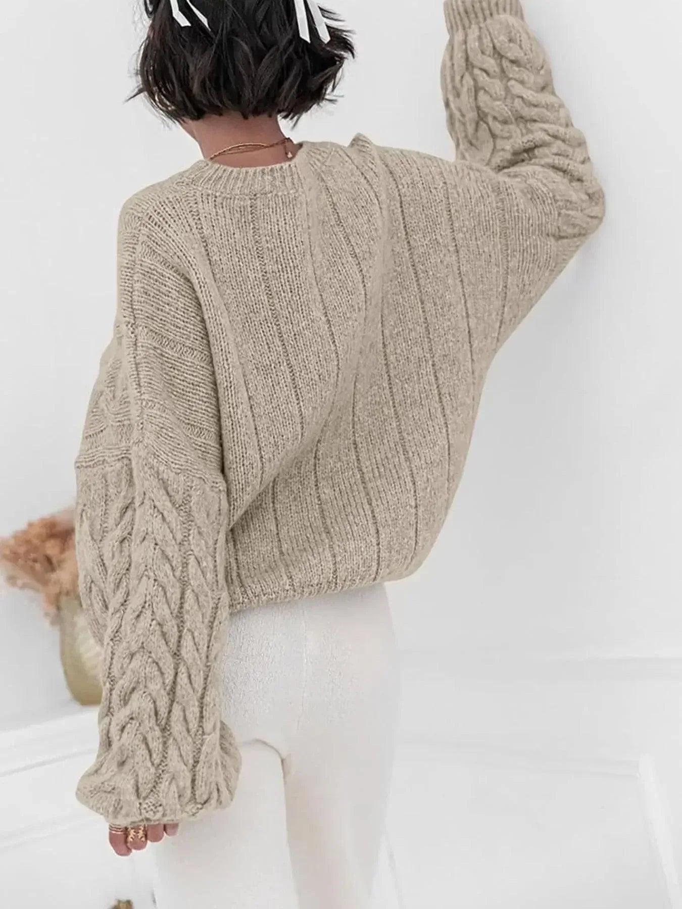 Cable Knit Long Sleeve Sweater - DAVERRI FASHIONS