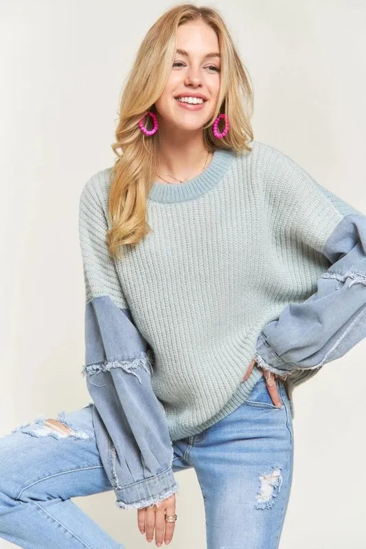 ADORA Plus Size Frayed Denim Sleeve Sweater Top BLUE Sweaters