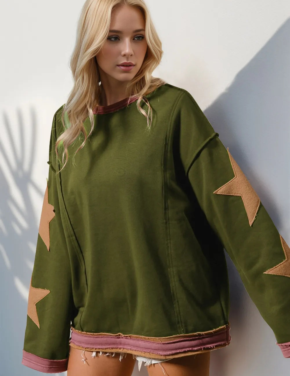 Double Take Star Patched Long Sleeve Sweatshirt | Sweatshirts Daverri Fashions