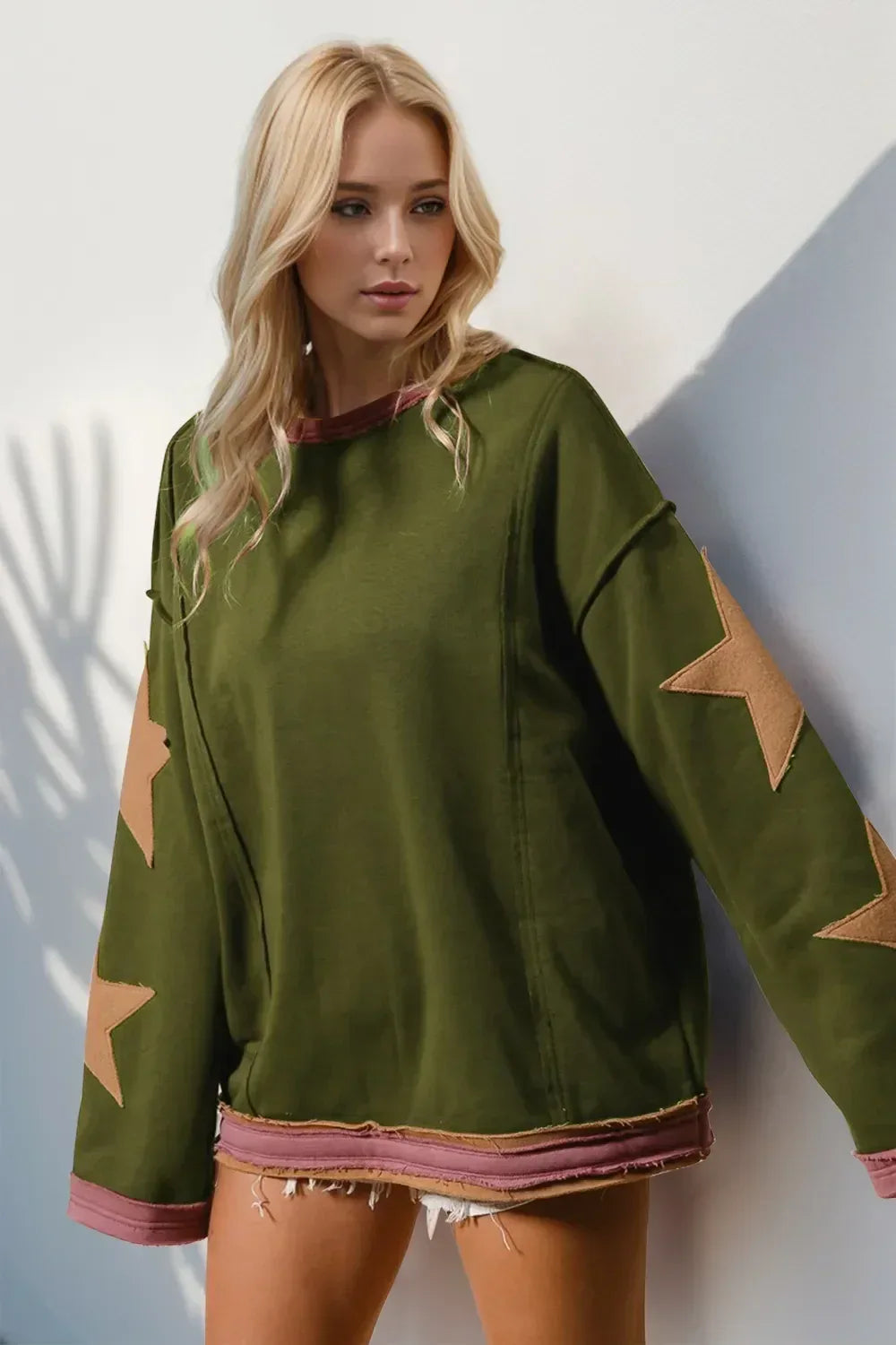 Double Take Star Patched Long Sleeve Sweatshirt - DAVERRI FASHIONS