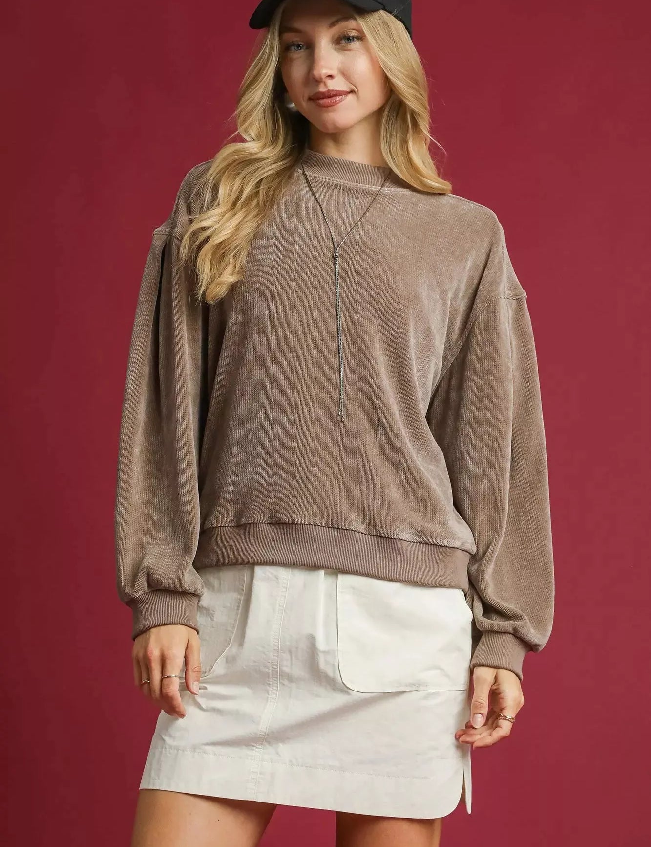 Mocha Umgee Velour Crewneck Balloon Sleeve Sweatshirt | Sweatshirts Daverri Fashions