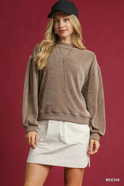 Mocha Umgee Velour Crewneck Balloon Sleeve Sweatshirt | Sweatshirts Daverri Fashions