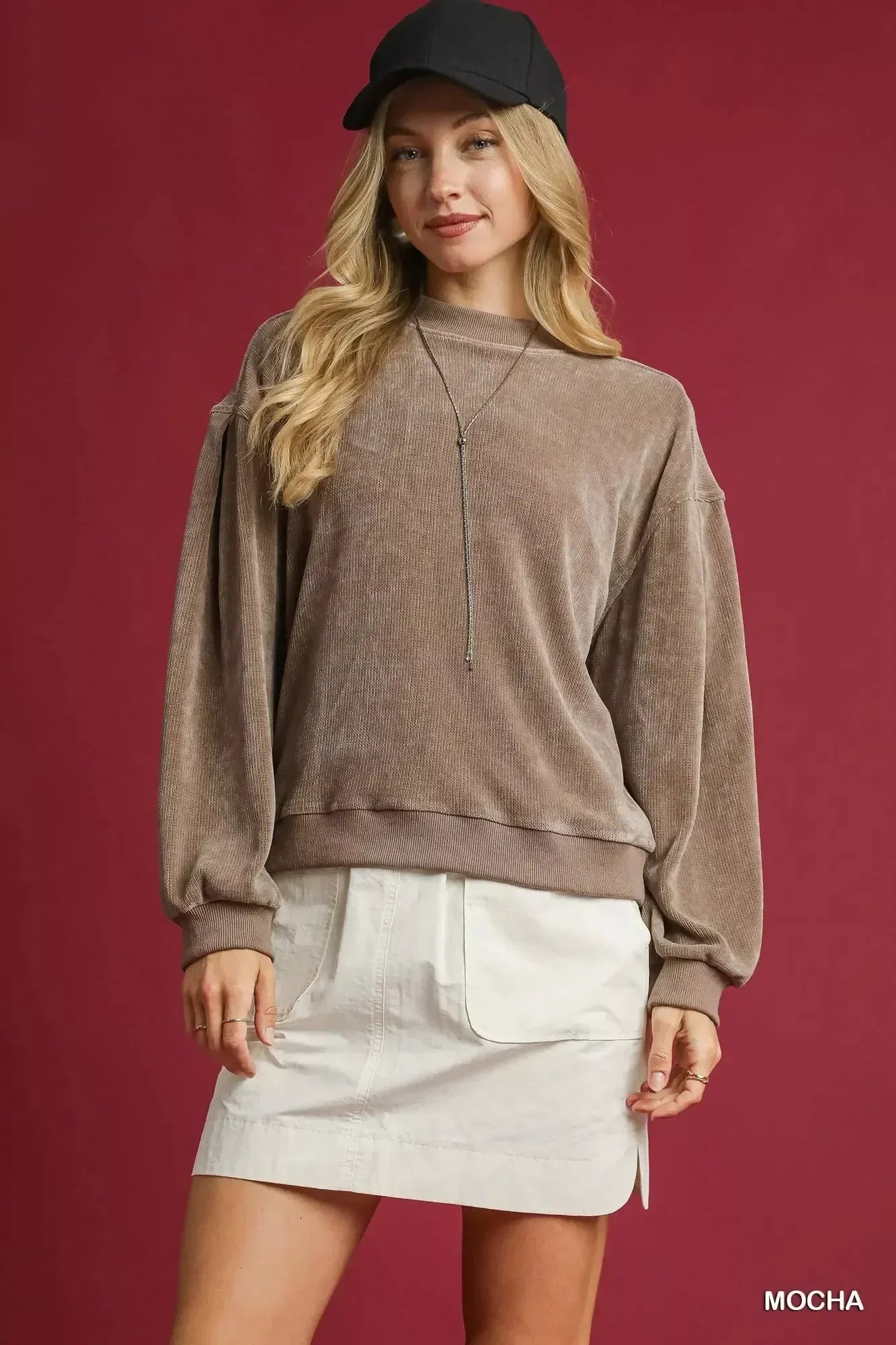 Umgee Velour Crewneck Balloon Sleeve Sweatshirt - DAVERRI FASHIONS
