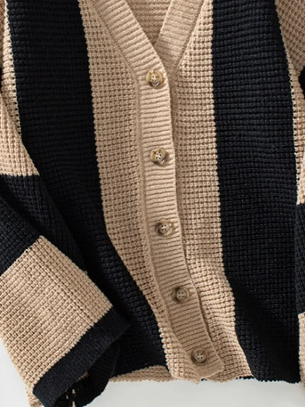 Waffle-Knit V-Neck Striped Long Sleeve Cardigan - DAVERRI FASHIONS