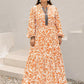 Plus size boho floral print maxi dress in orange white with embroidered high neck