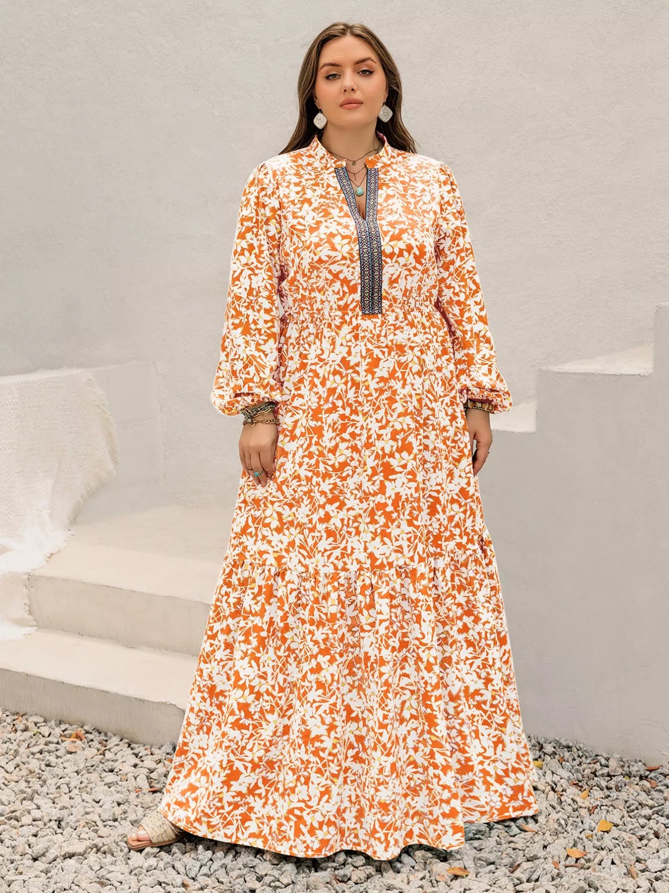 Plus size boho floral print maxi dress in orange white with embroidered high neck