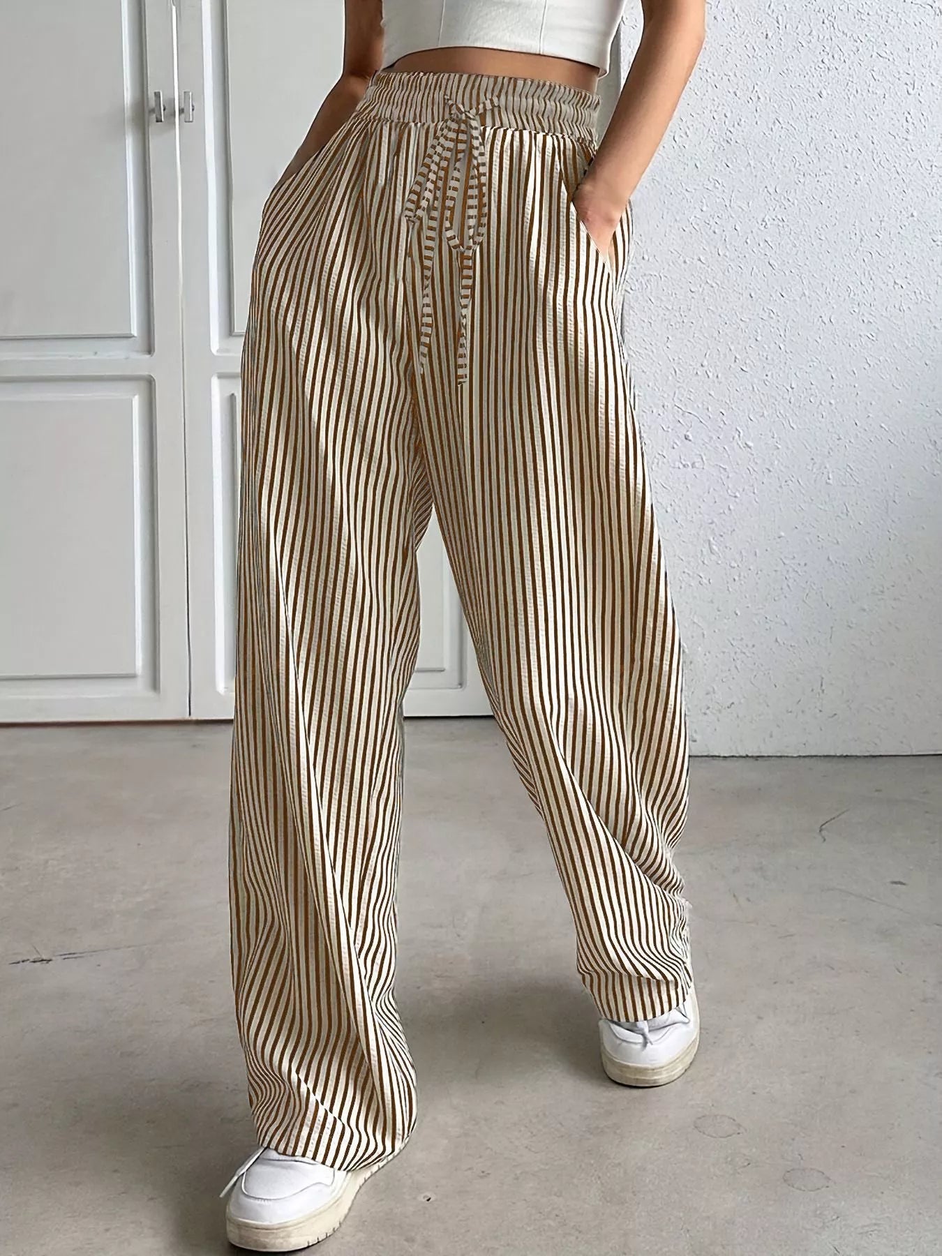 Daverri beige and black striped high-waisted wide-leg pants