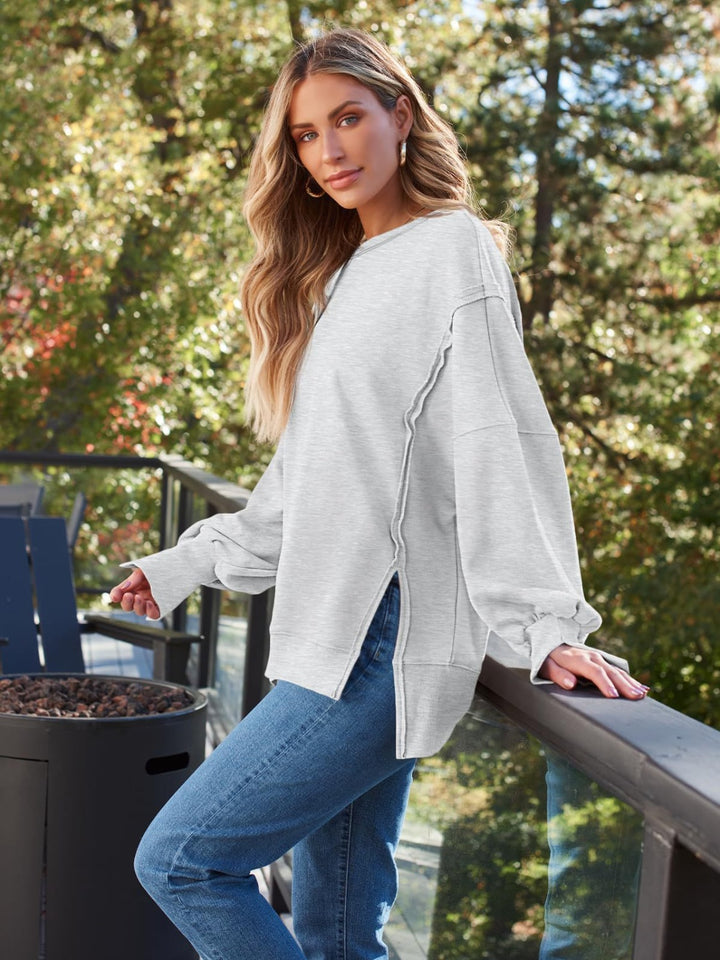 Slit Round Neck Long Sleeve Sweatshirt Tops