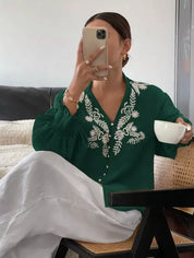 Daverri Fashions Embroidered Notched Long Sleeve Blouse - DAVERRI FASHIONS