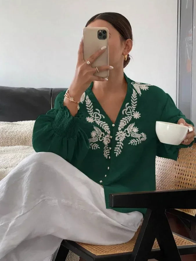 Daverri Fashions Embroidered Notched Long Sleeve Blouse - DAVERRI FASHIONS