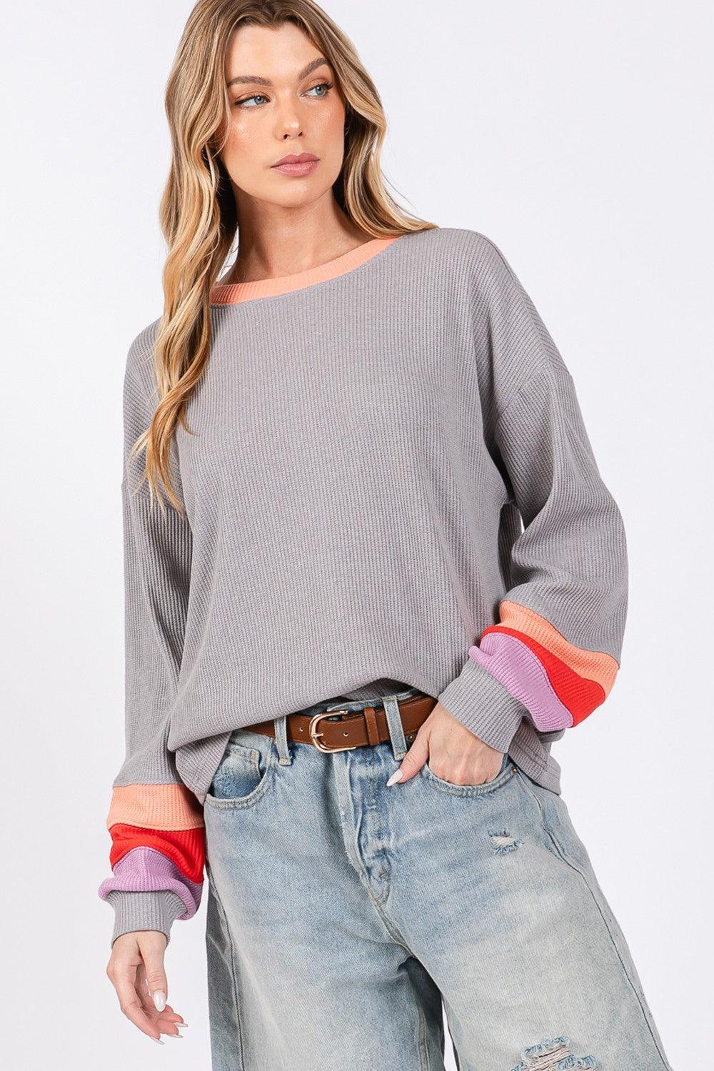SAGE + FIG Color Block Waffle Knit T-Shirt - DAVERRI FASHIONS