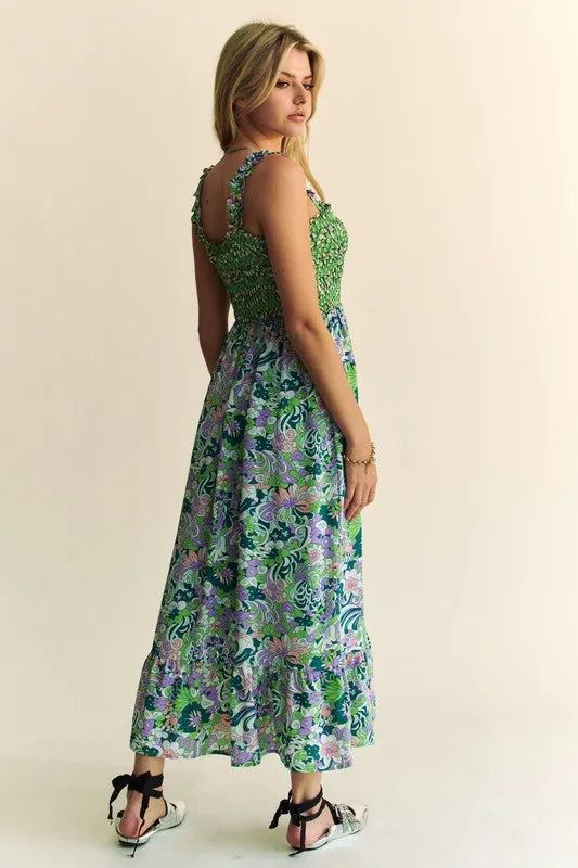 Davi & Dani Multi Smocked Bodice Geo Ruffle Strappy Midi Dress Midi Dresses