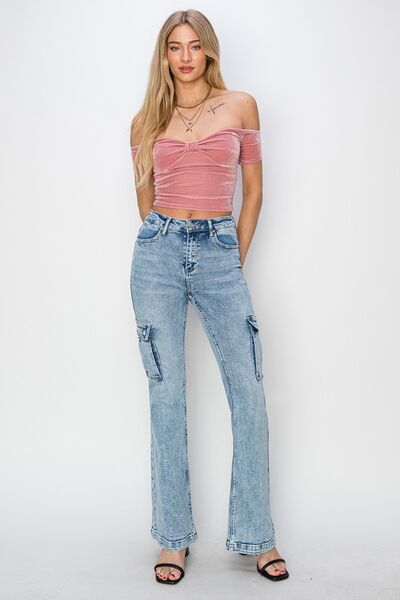 RISEN Full Size High Rise Cargo Flare Jeans Jeans