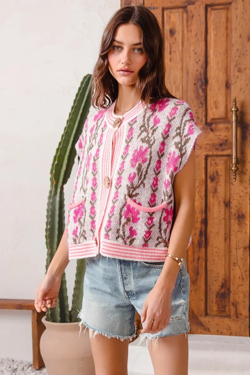 SO ME Button Front Floral and Stripe Knitted Sweater Vest