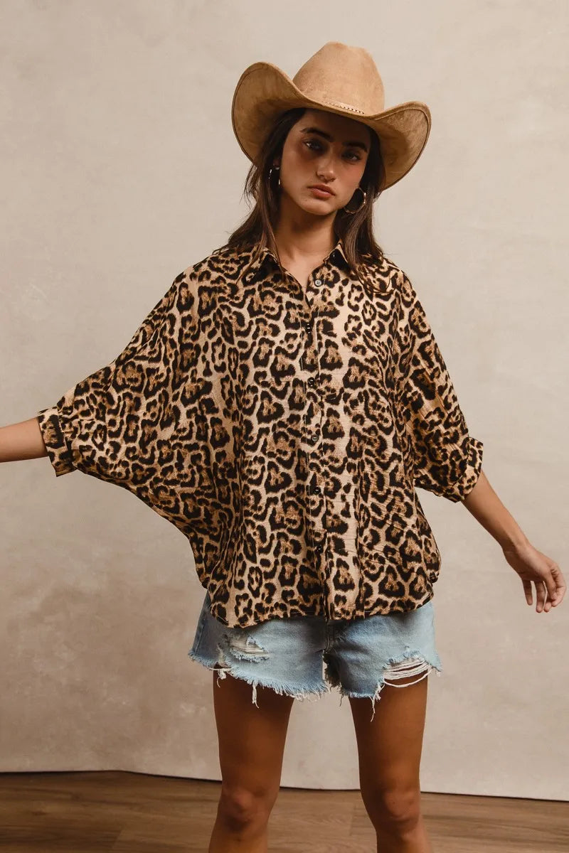 BiBi Leopard Prints Oversized Short Sleeves Top Tops